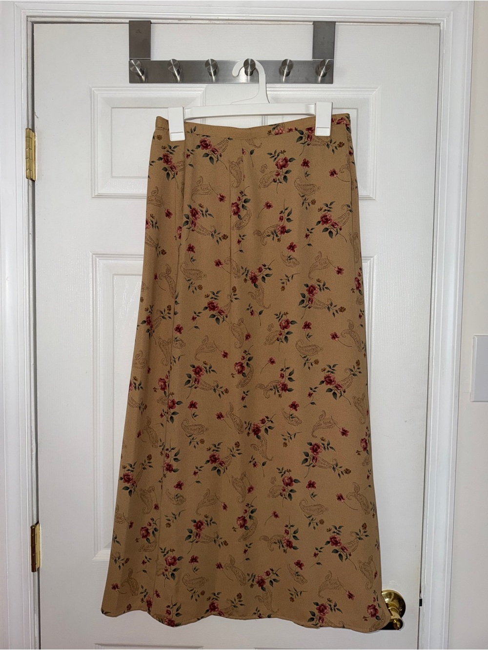 Worthington Tan Maxi Skirt with Red Floral Print